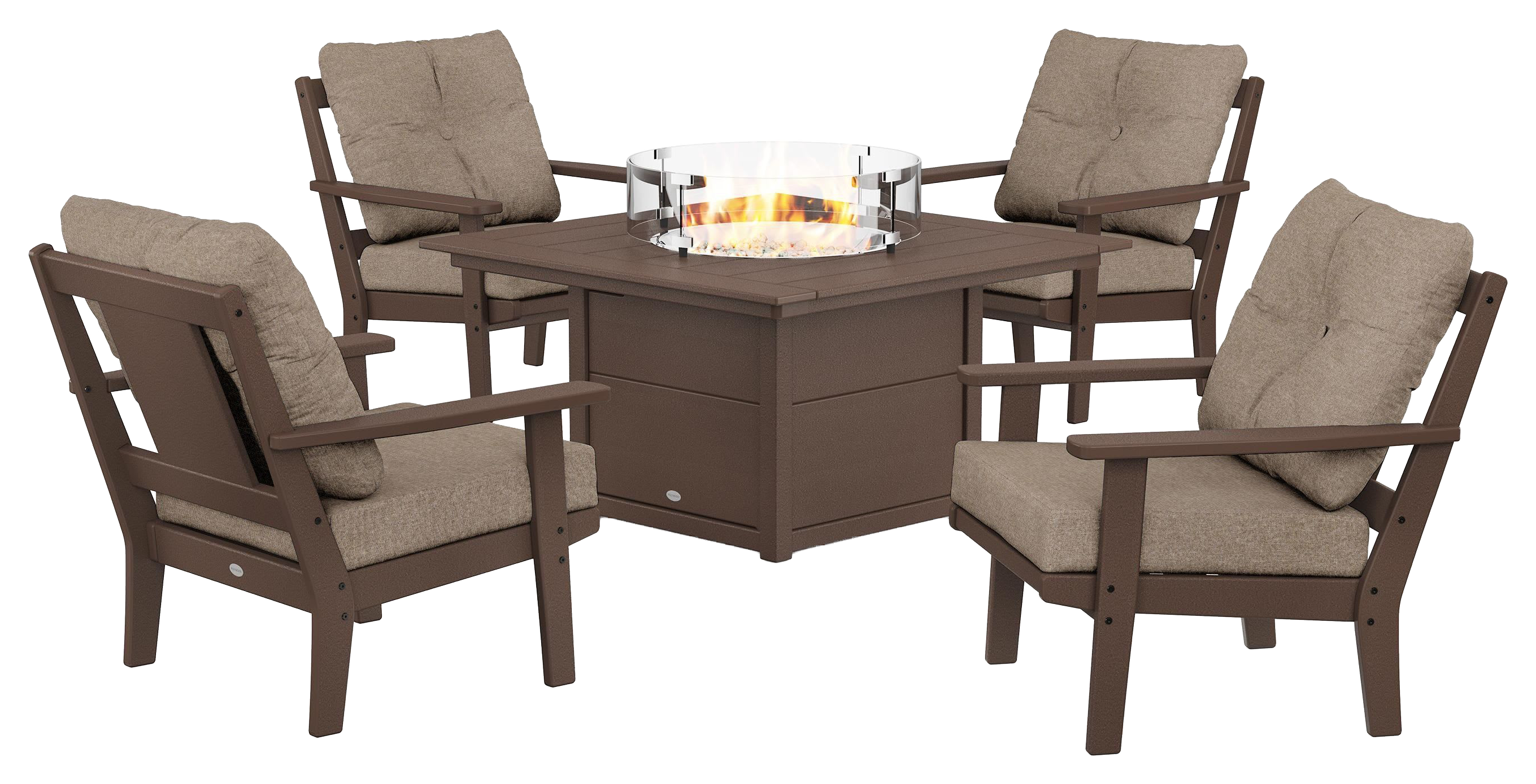 Image of POLYWOOD Prairie 5-Piece Deep Seating Set with Fire-Pit Table - Mahogany/Spiced Burlap