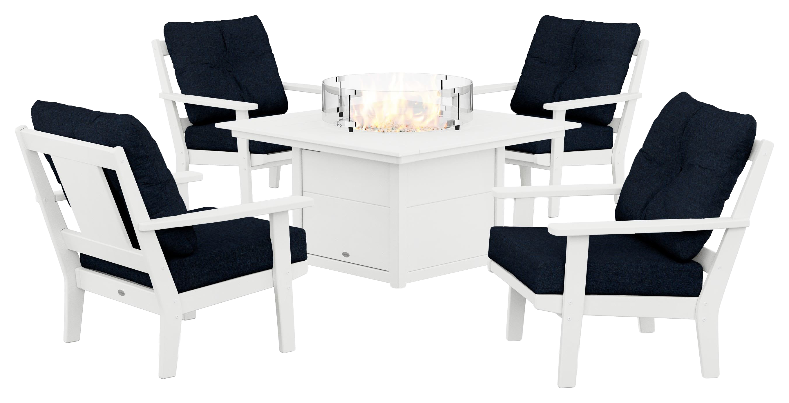 Image of POLYWOOD Prairie 5-Piece Deep Seating Set with Fire-Pit Table - White/Marine Indigo