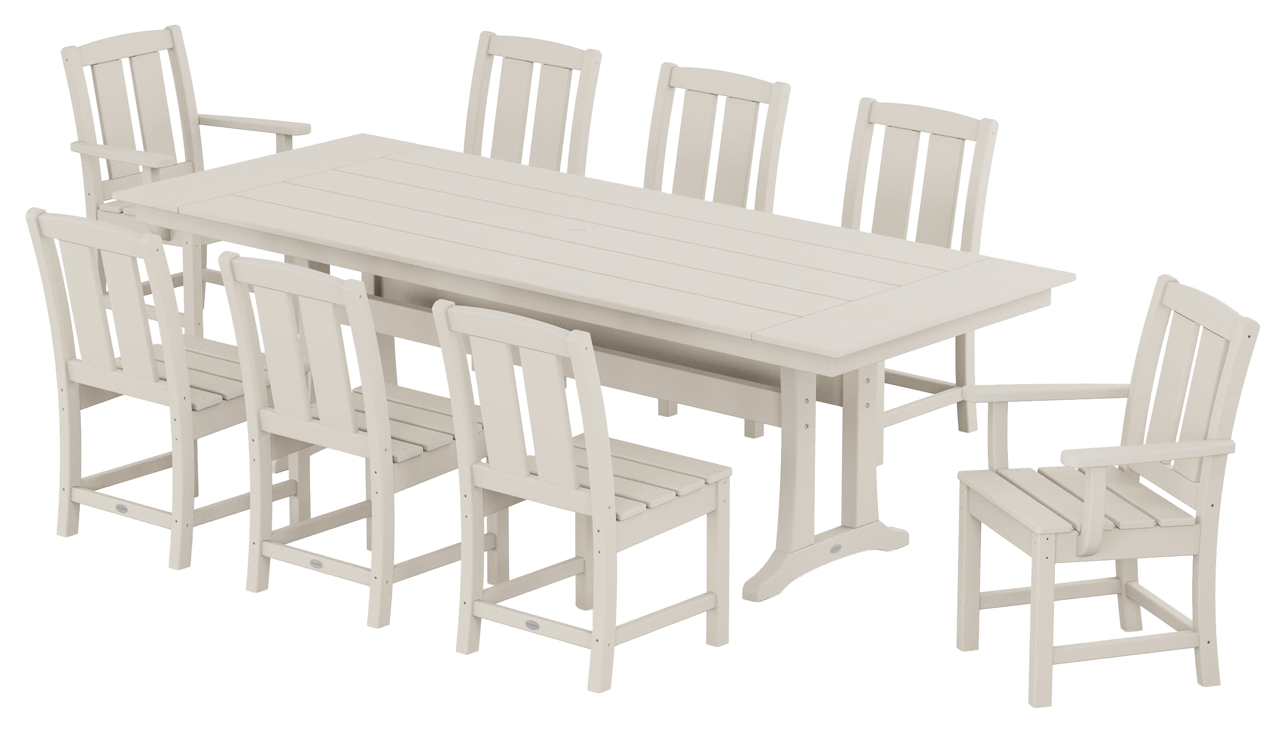 Image of POLYWOOD Mission 9-Piece Farmhouse Dining Set with Trestle Legs - Sand