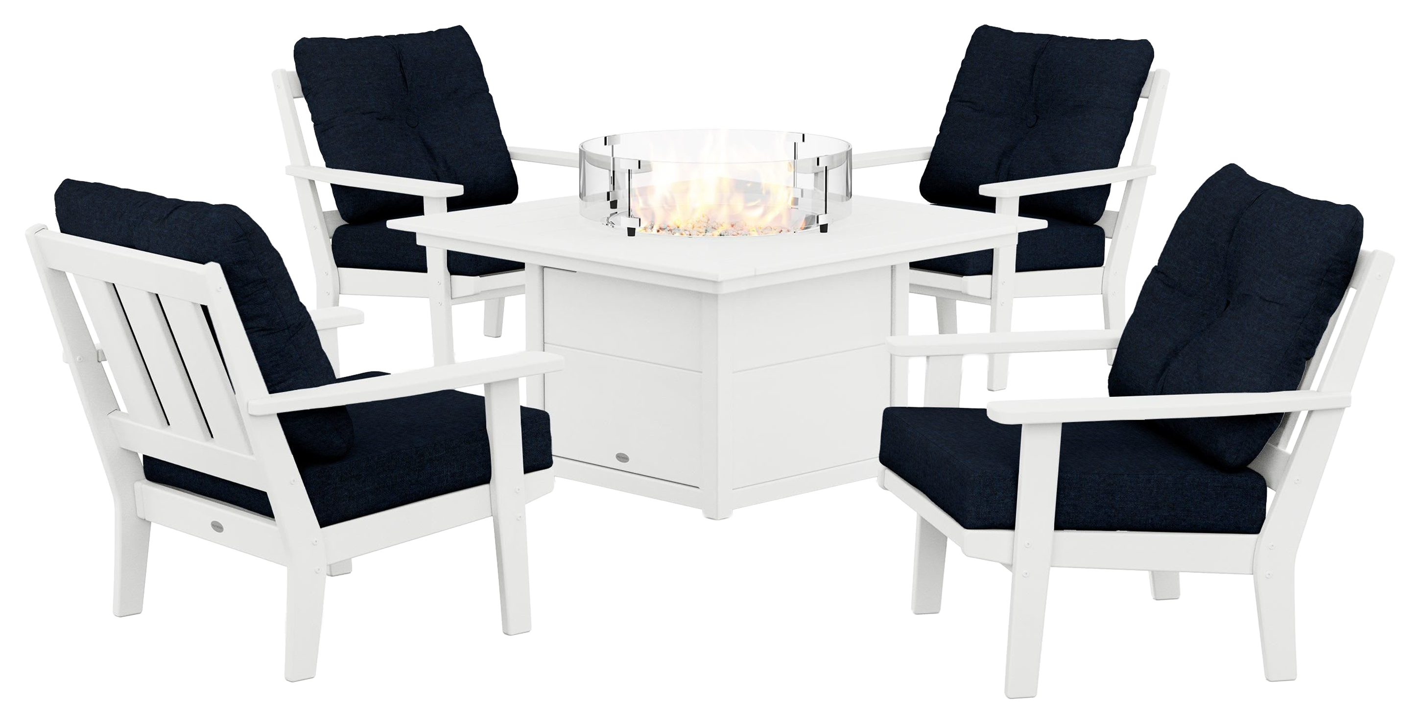 Image of POLYWOOD Oxford 5-Piece Deep Seating Set with Fire-Pit Table - White/Marine Indigo