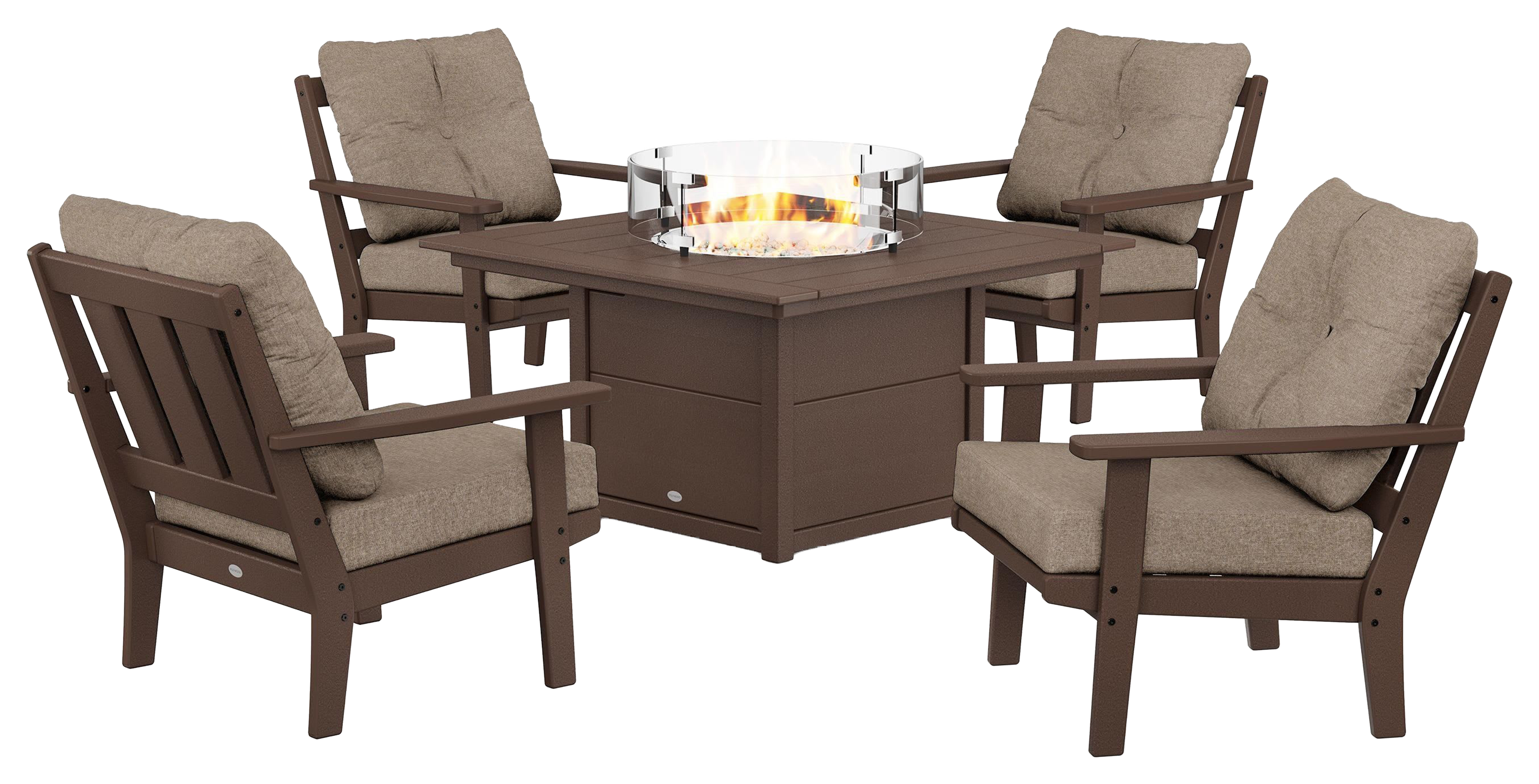 Image of POLYWOOD Oxford 5-Piece Deep Seating Set with Fire-Pit Table - Mahogany/Spiced Burlap