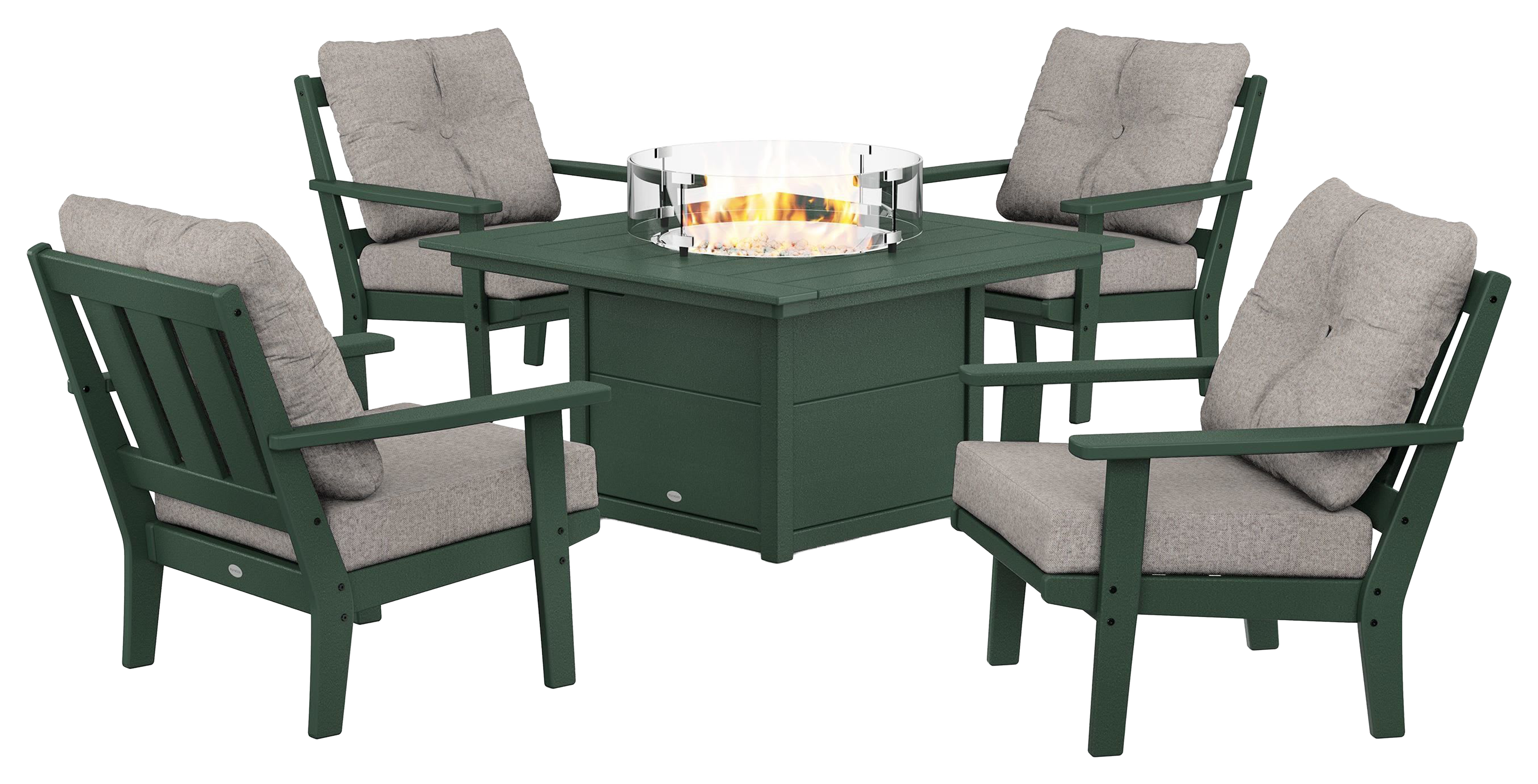 Image of POLYWOOD Oxford 5-Piece Deep Seating Set with Fire-Pit Table - Green/Weathered Tweed