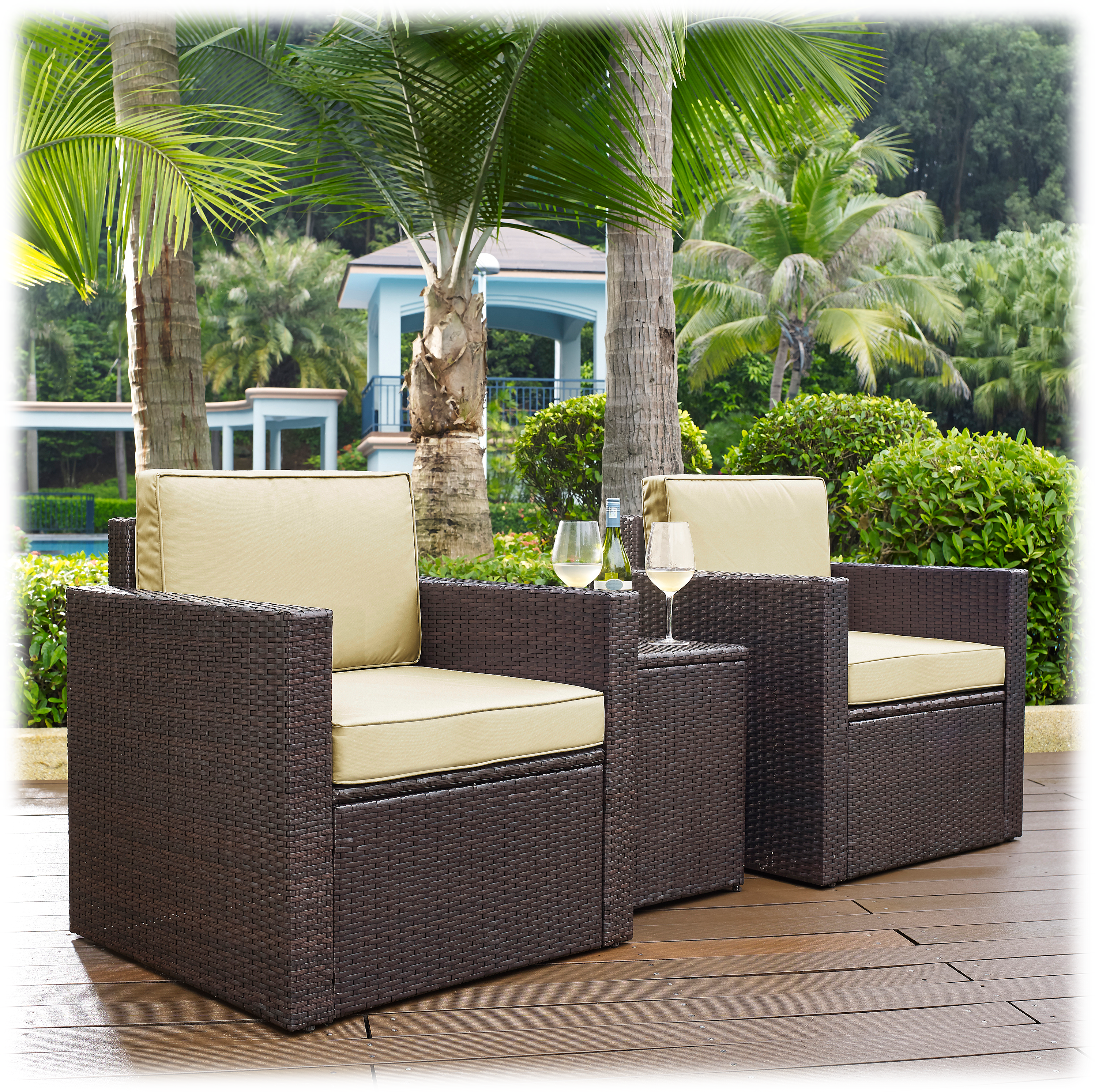 Crosley Palm Harbor Outdoor Wicker Armchairs and Side Table 3-Piece Chair Set