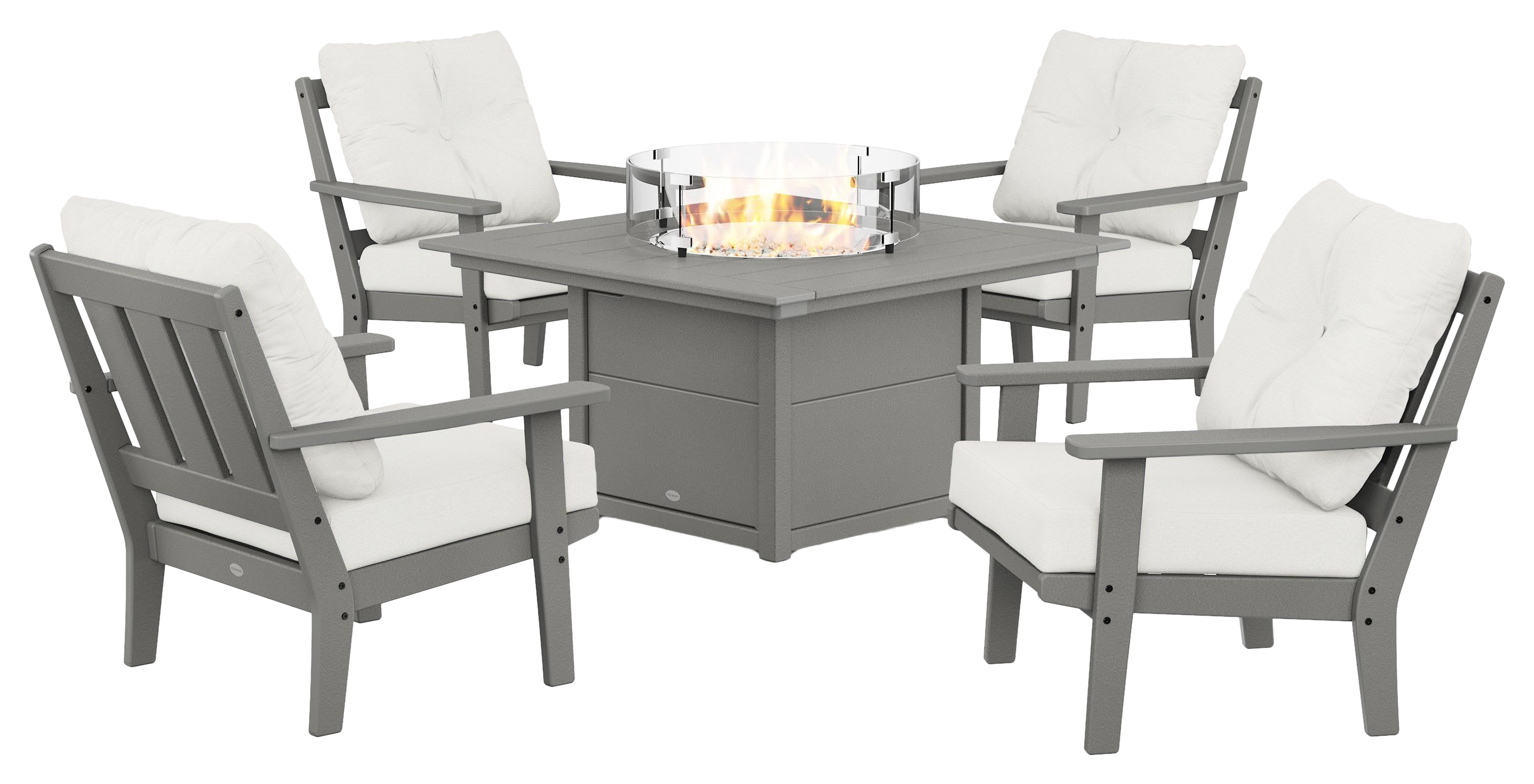 Image of POLYWOOD Oxford 5-Piece Deep Seating Set with Fire-Pit Table - Slate Grey/Natural Linen