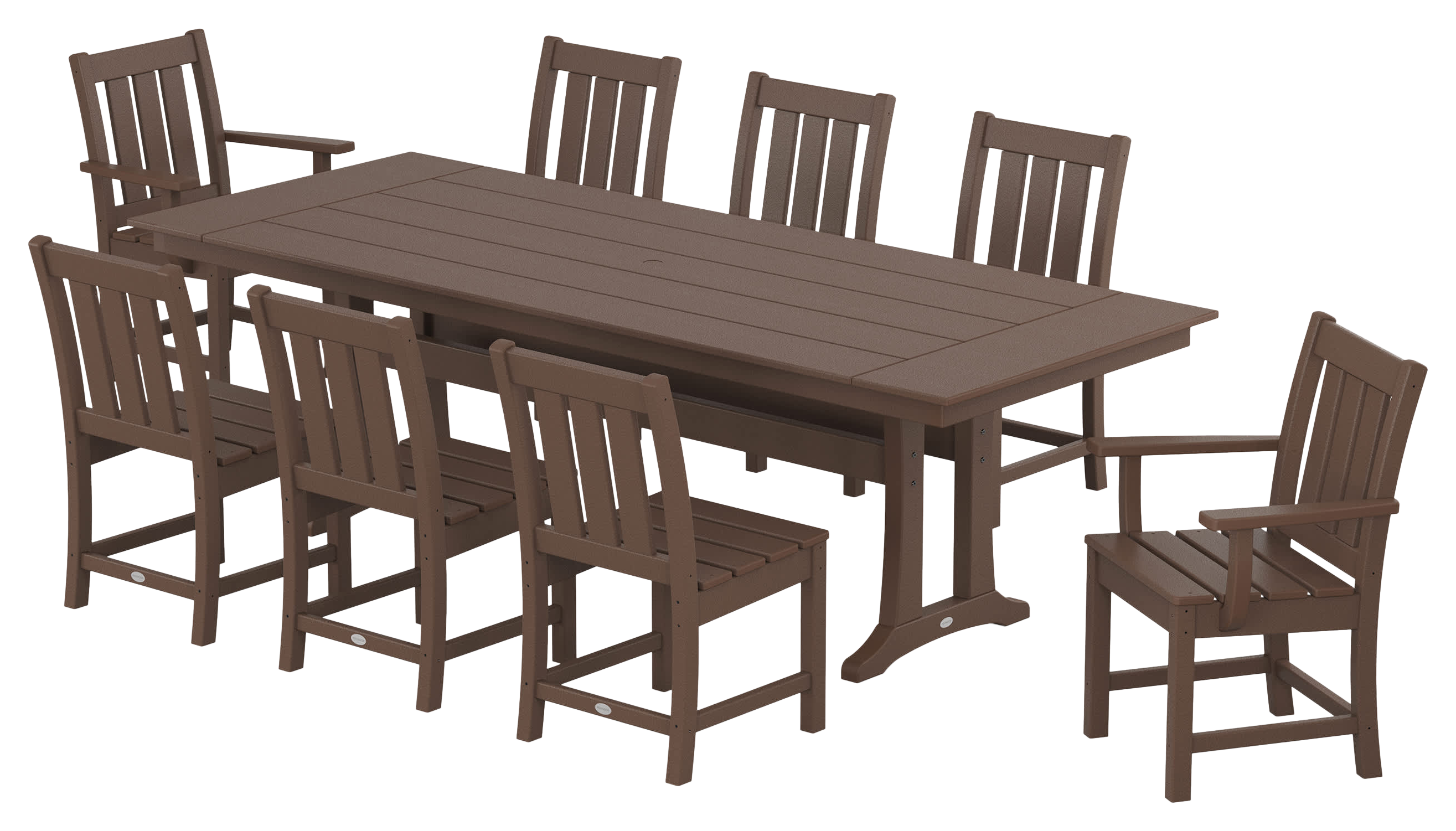 Image of POLYWOOD Oxford 9-Piece Farmhouse Dining Set with Trestle Legs - Mahogany