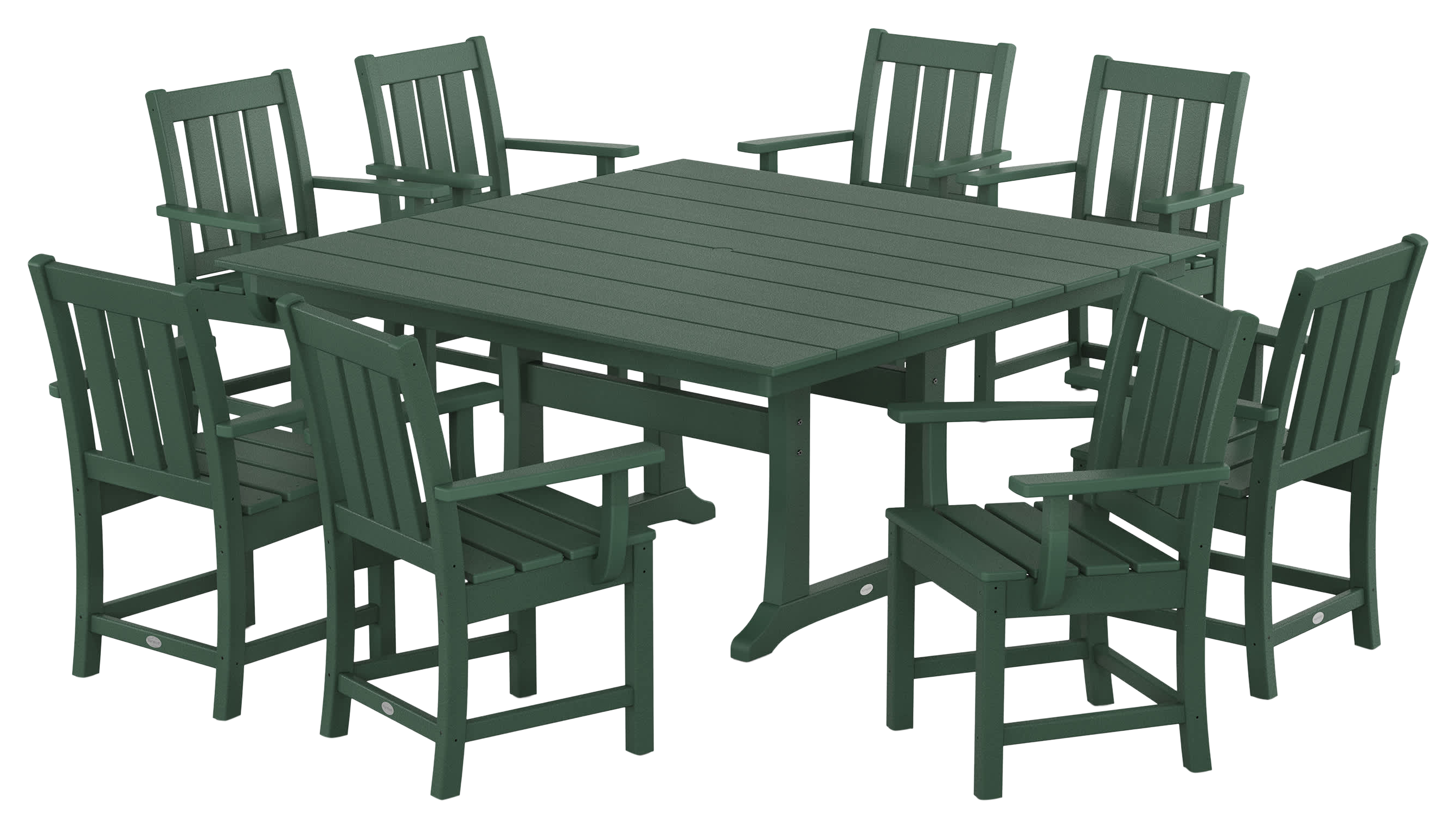 Image of POLYWOOD Oxford 9-Piece Square Farmhouse Dining Set with Trestle Legs - Green