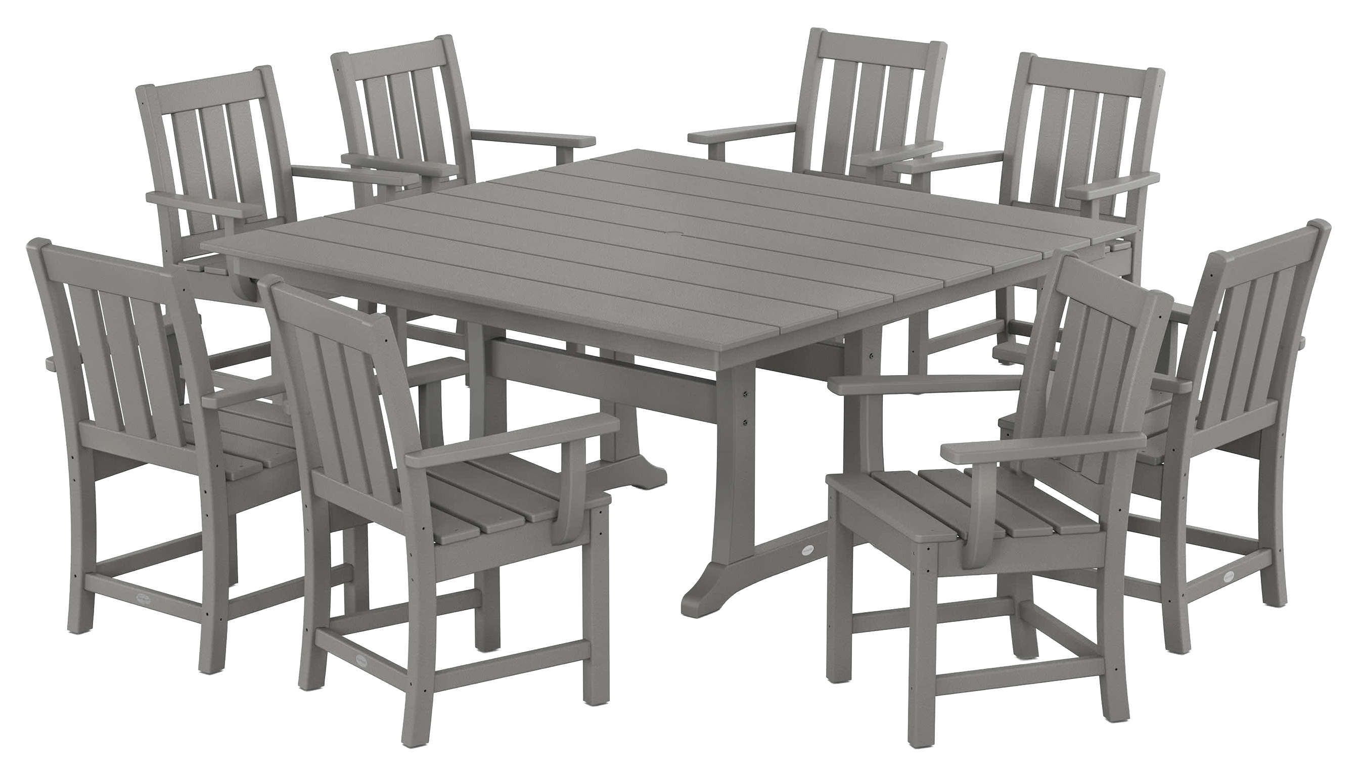 Image of POLYWOOD Oxford 9-Piece Square Farmhouse Dining Set with Trestle Legs - Slate Grey