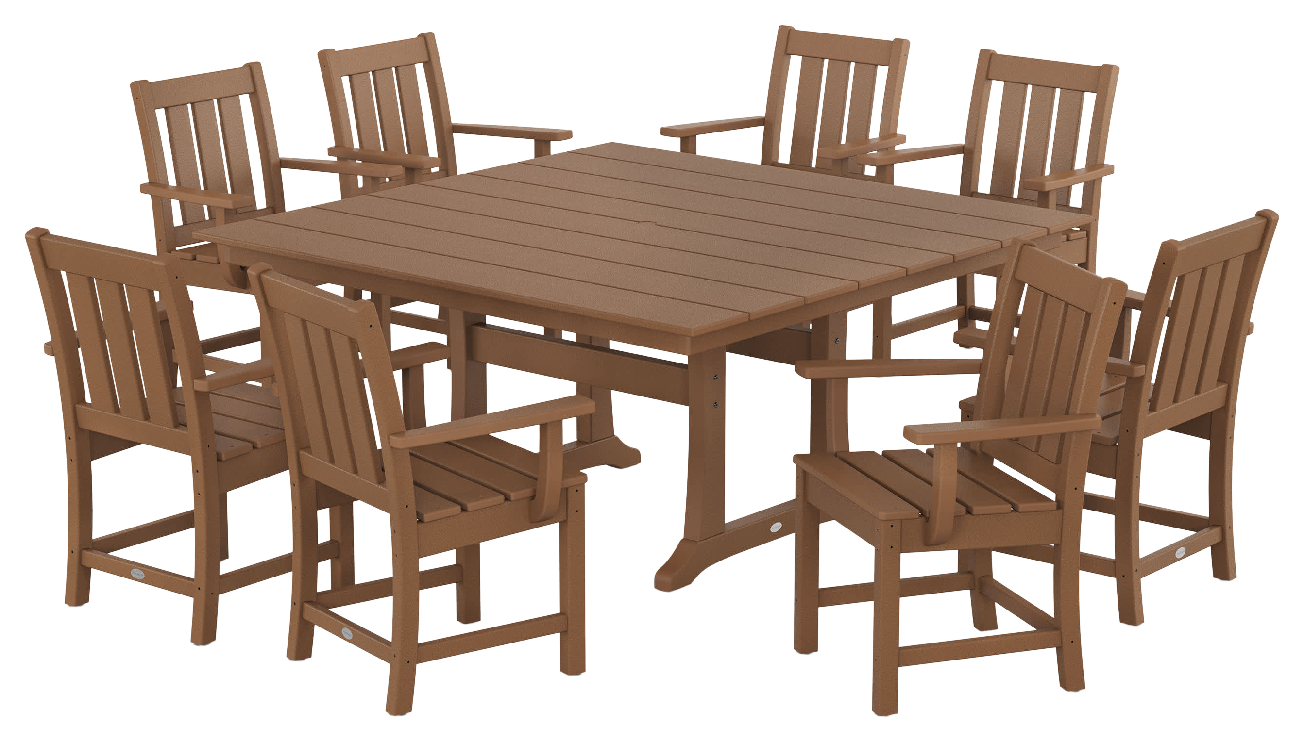 Image of POLYWOOD Oxford 9-Piece Square Farmhouse Dining Set with Trestle Legs - Teak