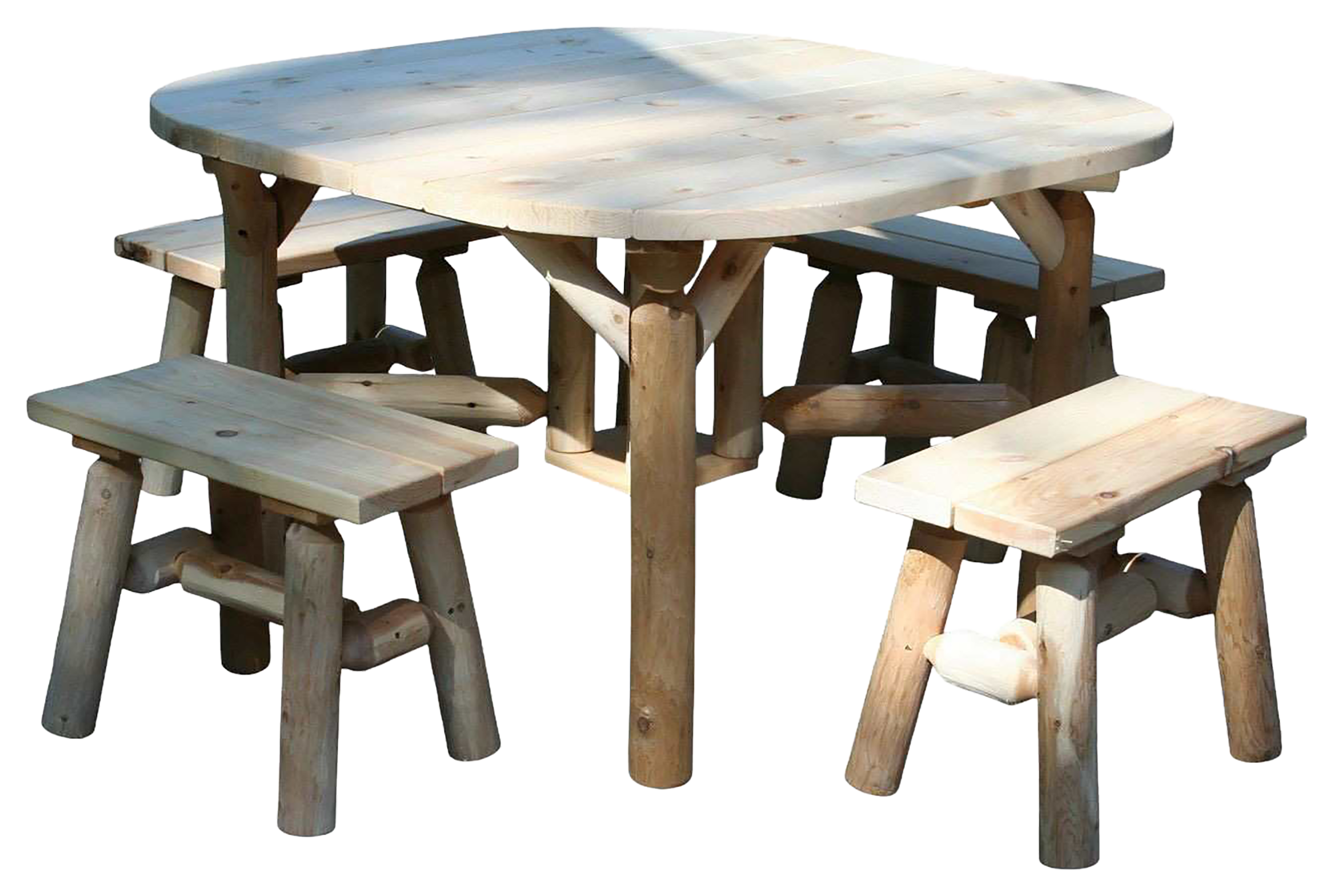 Image of "Lakeland Mills Cedar Log 47"" Roundabout Table and 4 Bench Outdoor Dining Set"