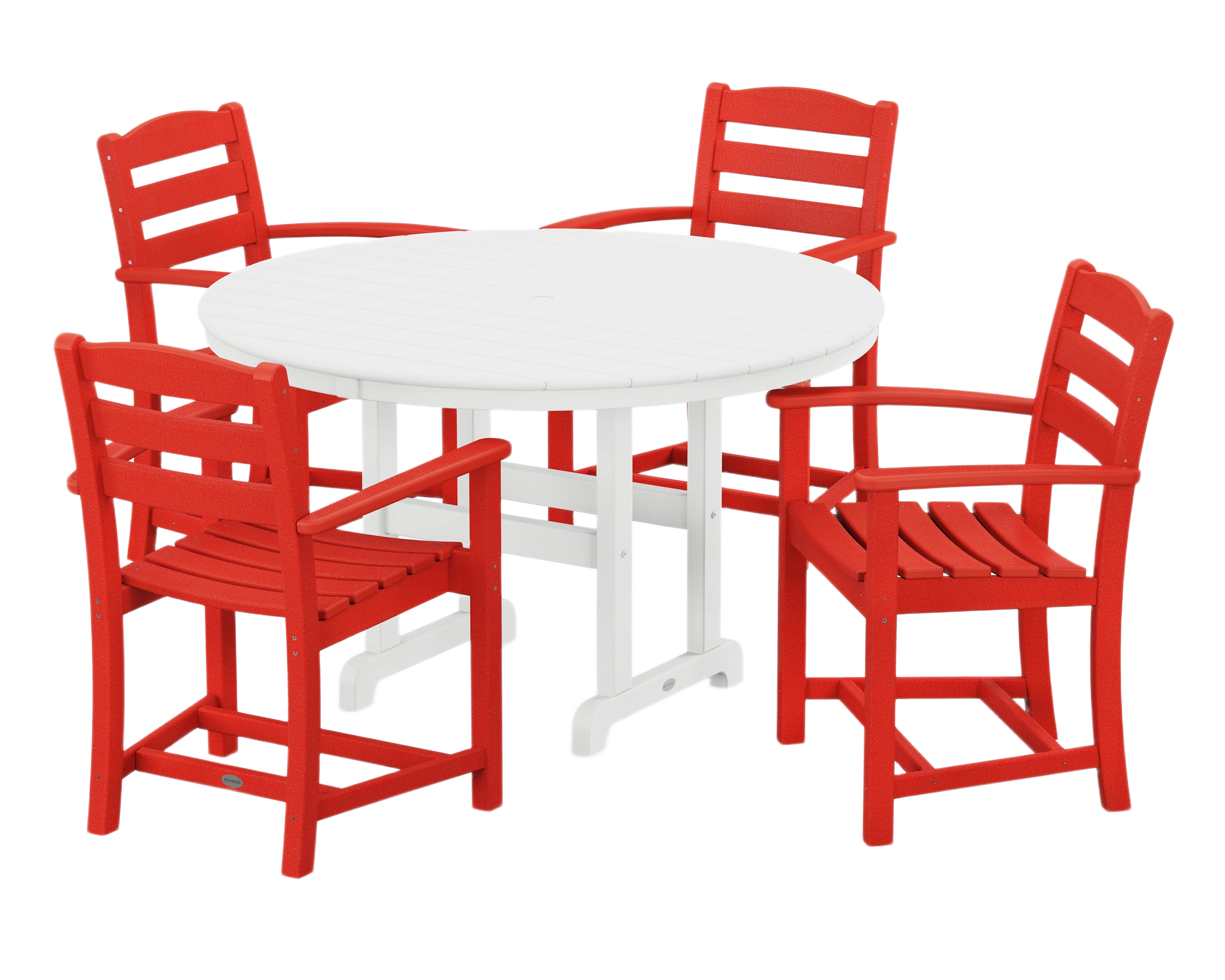 Image of POLYWOOD La Casa Cafe 5-Piece Round Farmhouse Dining Set - Sunset Red/White