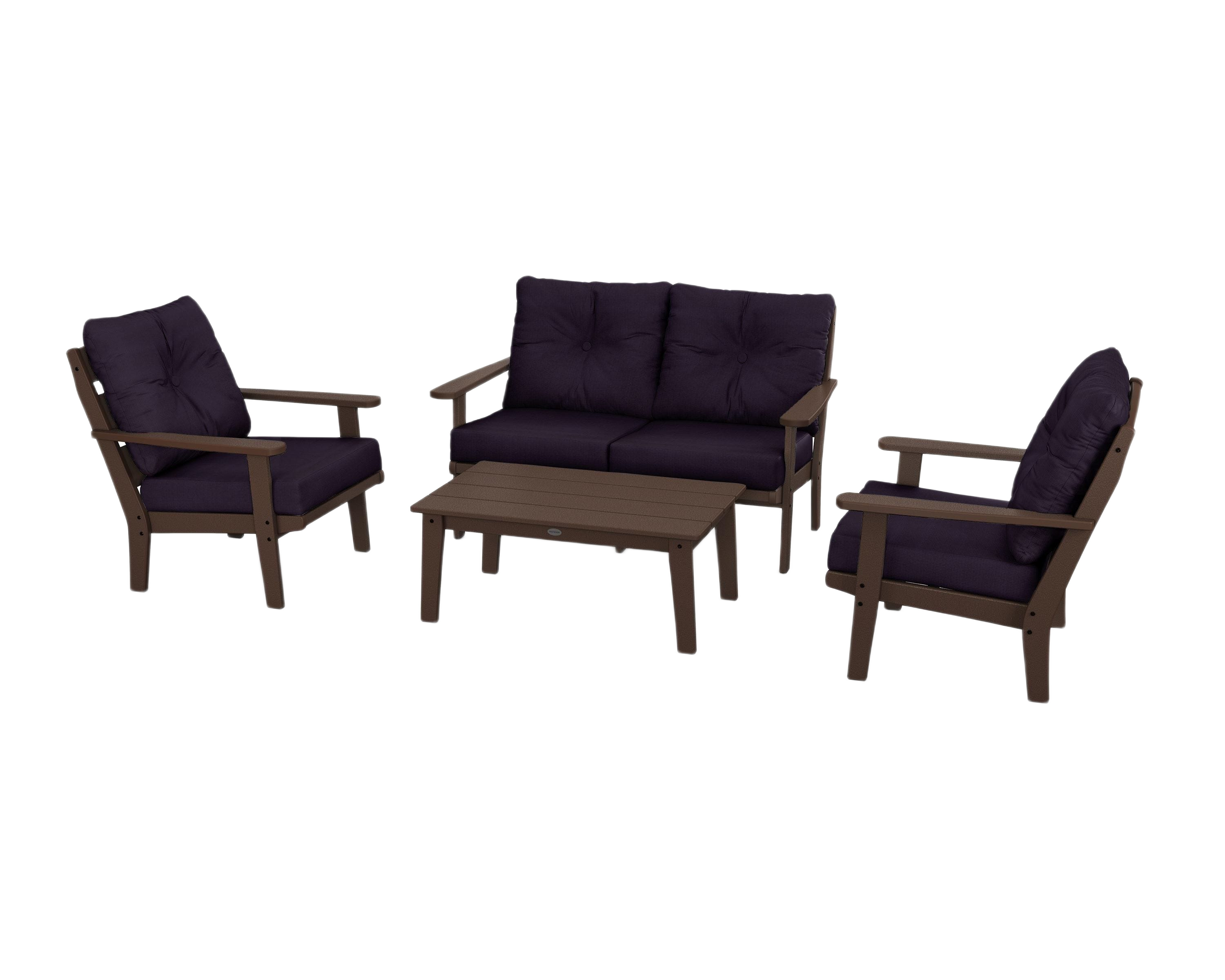Image of POLYWOOD Lakeside 4-Piece Deep Seating Set - Mahogany/Navy Linen