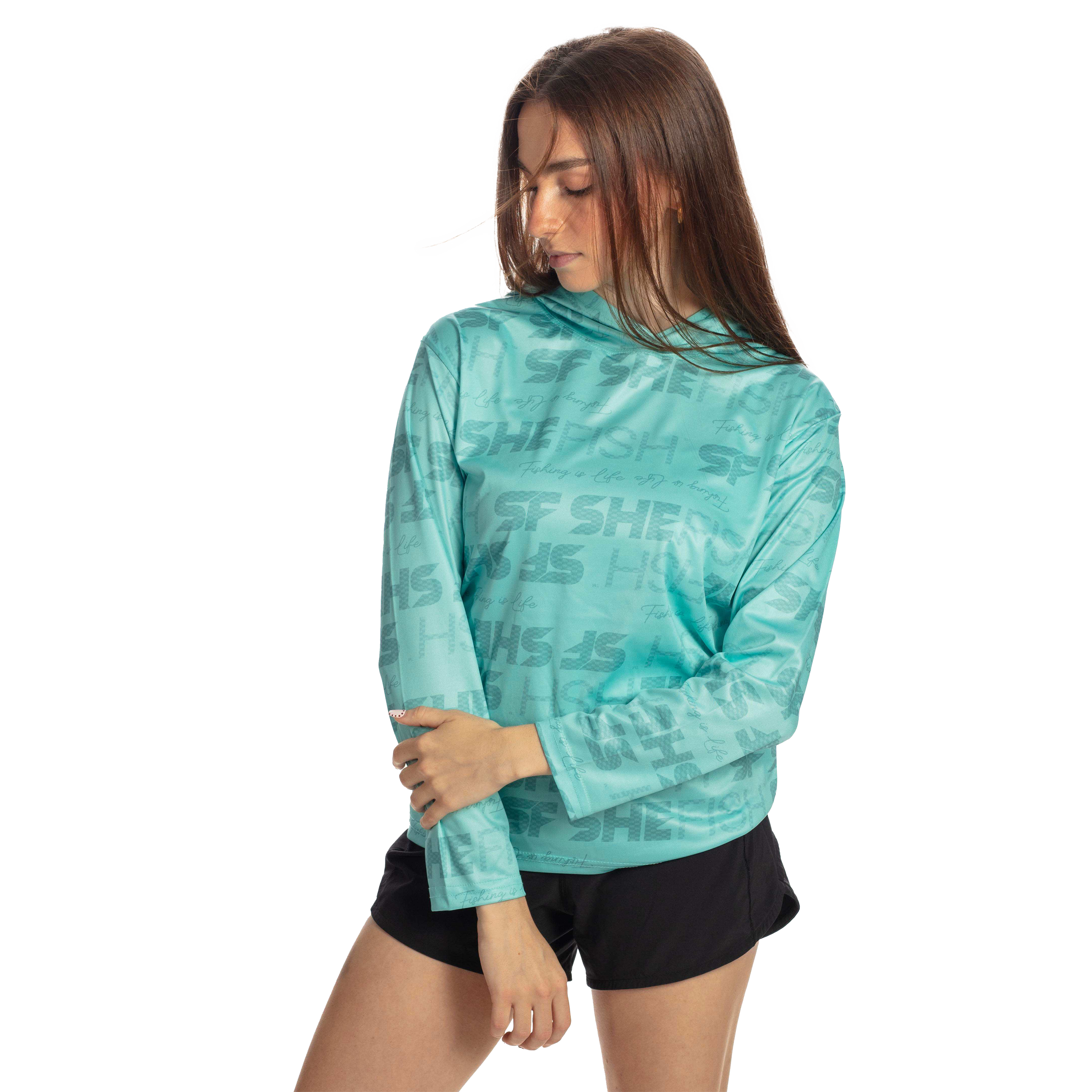 SheFish Lightweight Performance UPF Hooded Sun Shirt - Teal