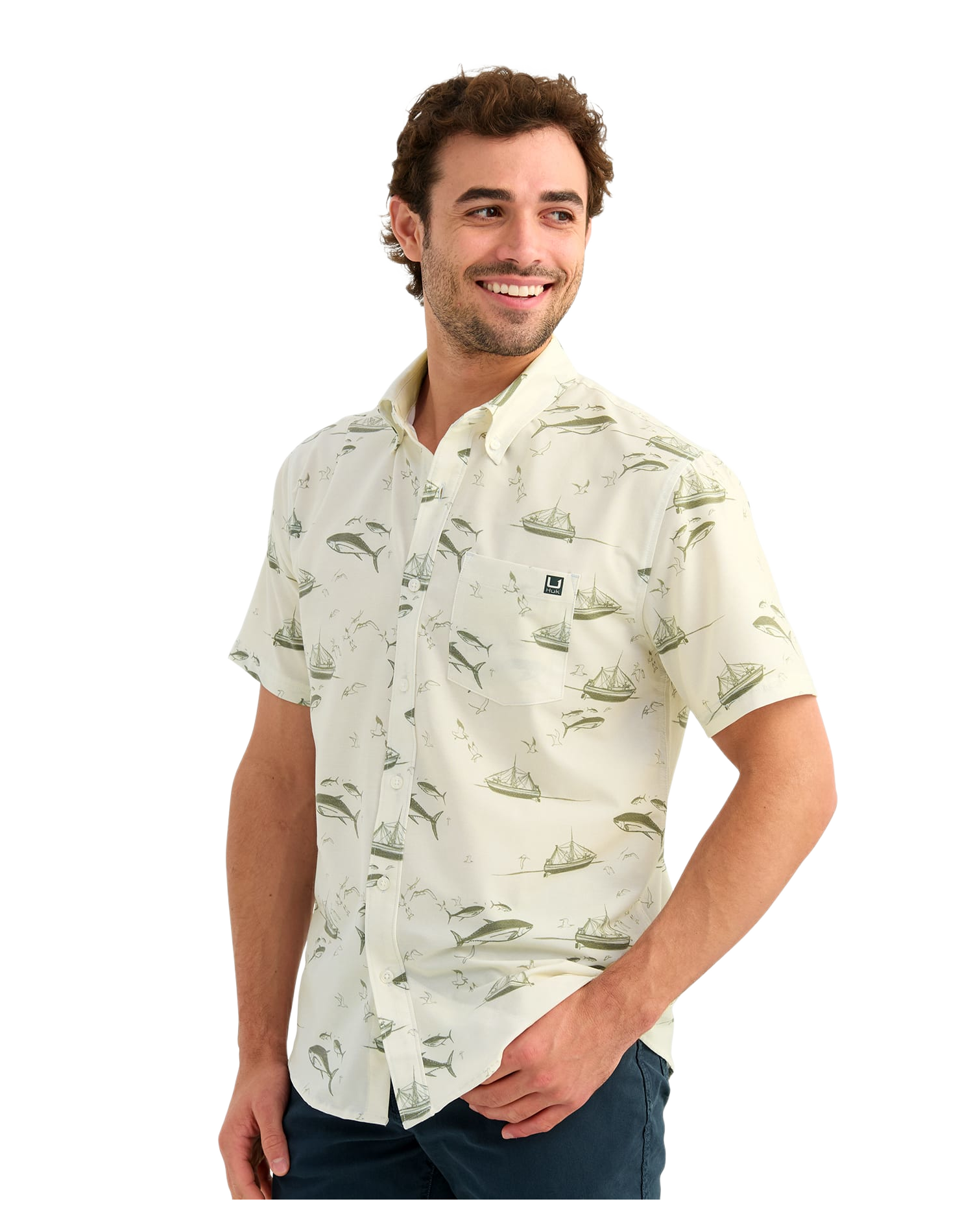 Huk Huk Kona KC Printed Short-Sleeve Shirt - Egret Gulf Coast - $65.00 at Bass Pro Shops