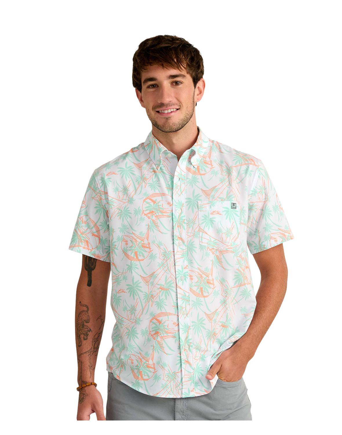 Huk Kona KC Printed Short-Sleeve Shirt - Dusty Orange Palm Slam