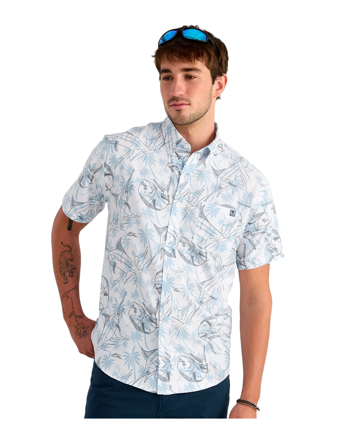 Image of Huk Kona KC Printed Short-Sleeve Shirt - Blue Shadow Palm Slam