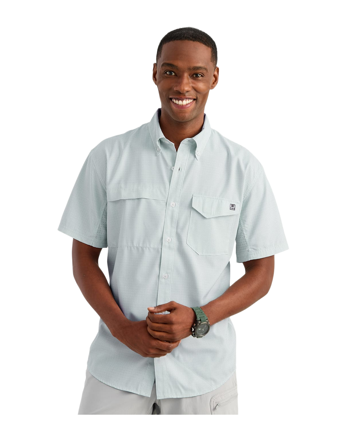 Image of Huk Tide Point Printed Short-Sleeve Shirt for Men - Heron Blue