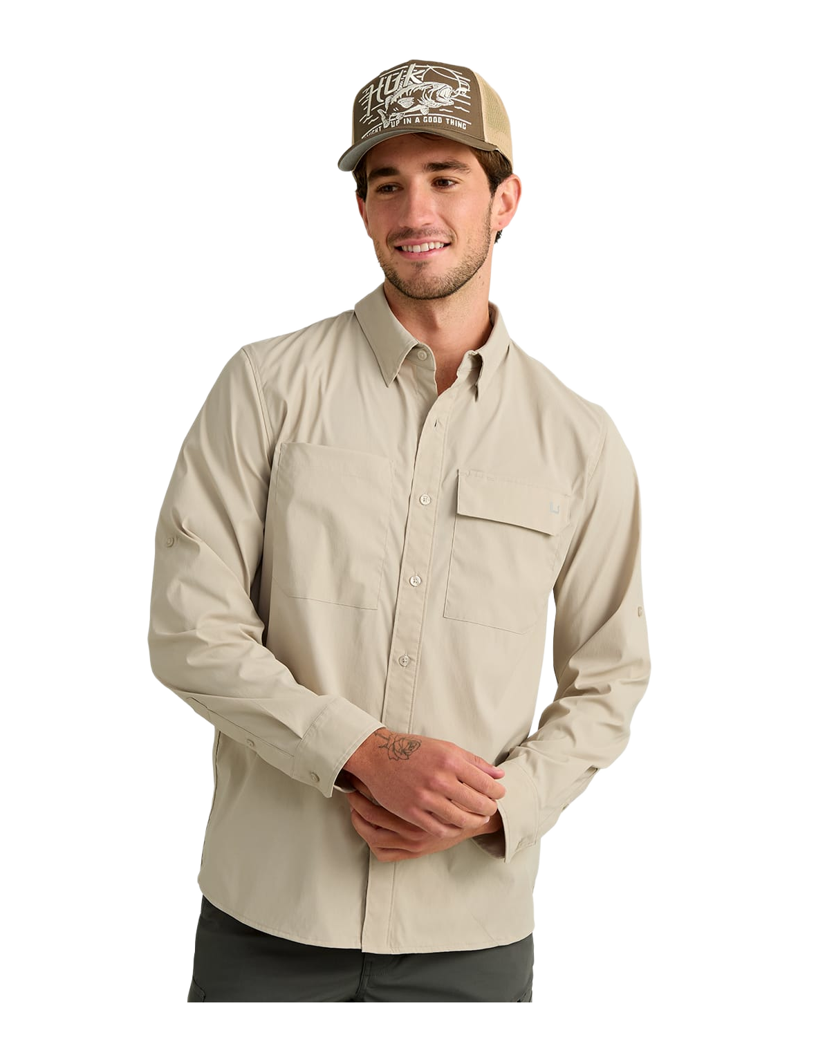 Image of Huk Icon Button-Down Long-Sleeve Fishing Shirt - River Rock