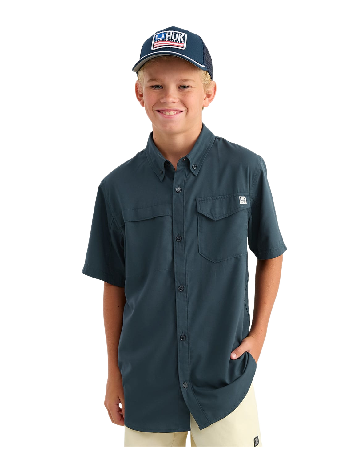 Image of Huk Tide Point Short-Sleeve Shirt for Boys - Sea Storm