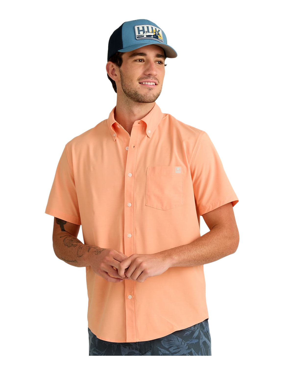 Huk Kona Solid Short-Sleeve Button-Down Shirt for Men - Coral Reef