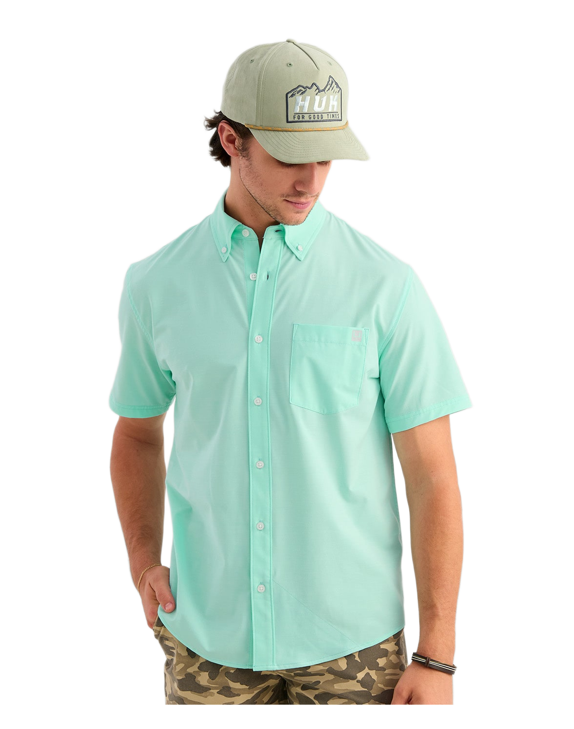 Image of Huk Kona Solid Short-Sleeve Button-Down Shirt for Men - Caicos