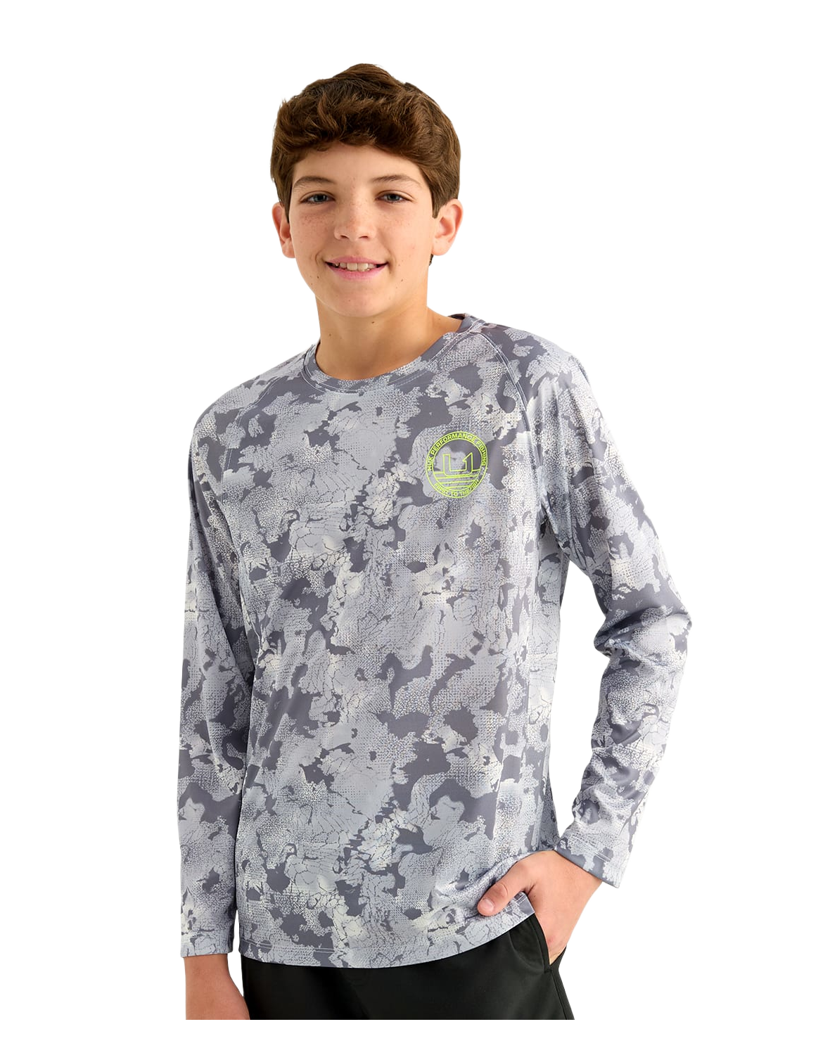 Image of Huk KC Printed Pursuit Performance Crew-Neck Long-Sleeve Shirt for Kids - Sharkskin