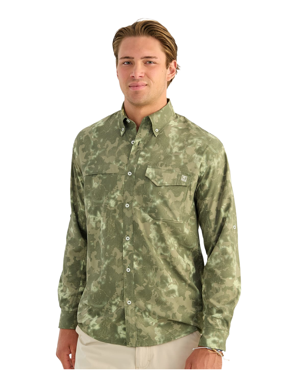 HUK KC Print Tide Point Button-Down - Moss Tideloom Camo M