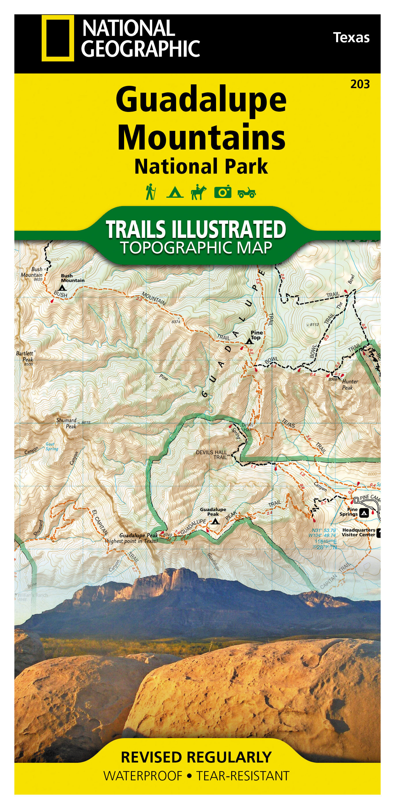 Image of National Geographic National Park Topographic Map with Illustrated Trails - Texas - Guadalupe Mountain