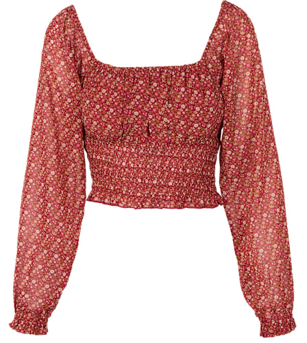 RedHead Ranch Shirred Long-Sleeve Blouse - Fig Cottage Floral - M