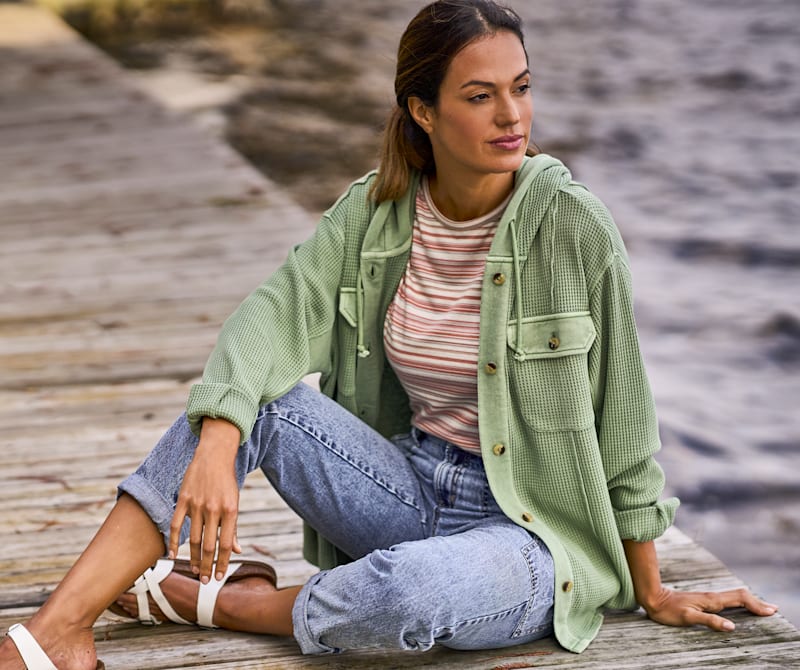 Natural Reflections Waffle Hooded Shirt Jacket for Ladies