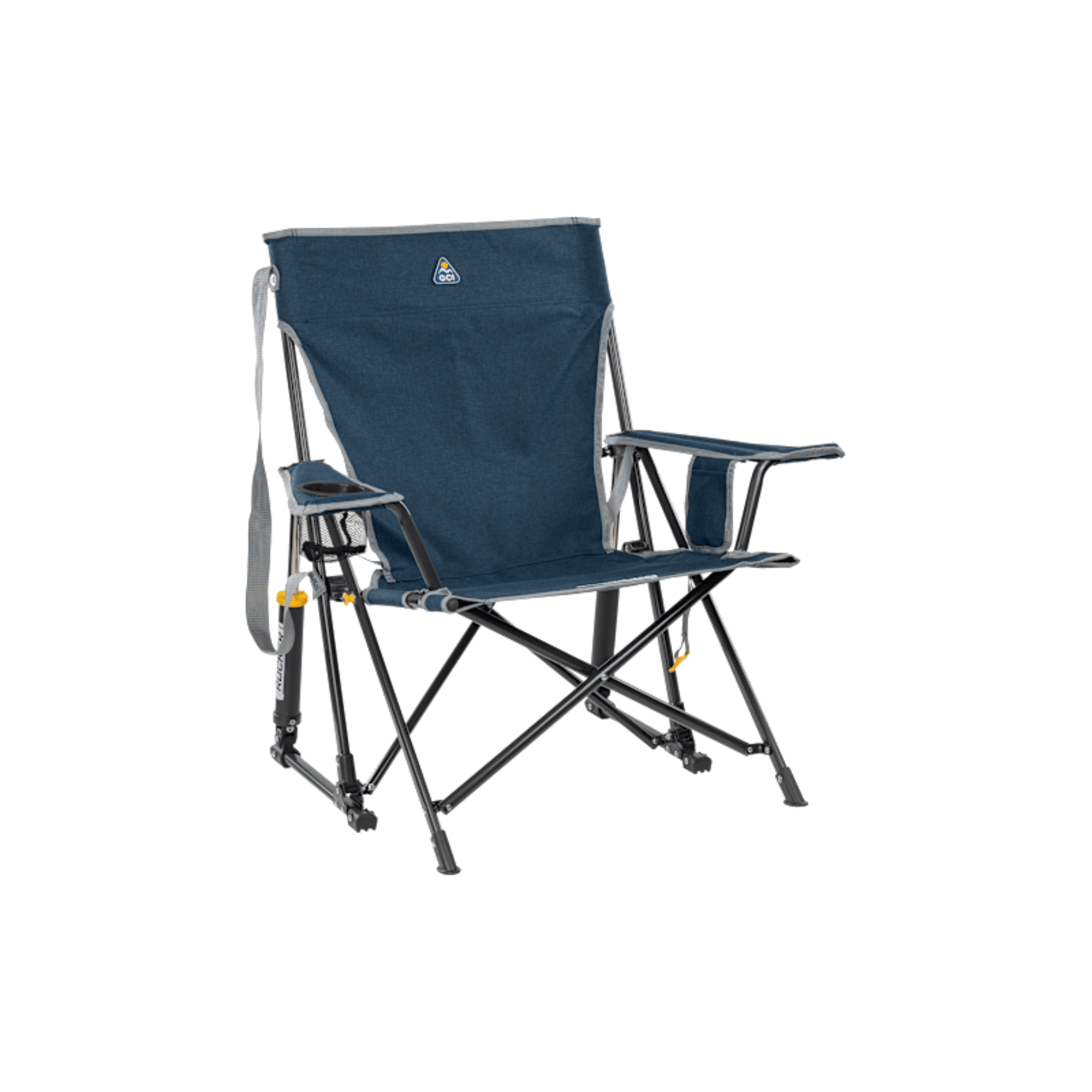 Full view of a blue folding camping chair with black frame.