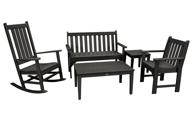 POLYWOOD Vineyard 5-Piece Bench and Rocking Chair Set-Black
