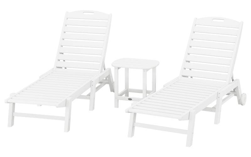 POLYWOOD Nautical 3-Piece Chaise Lounge with Wheels Set with South Beach Side Table-White