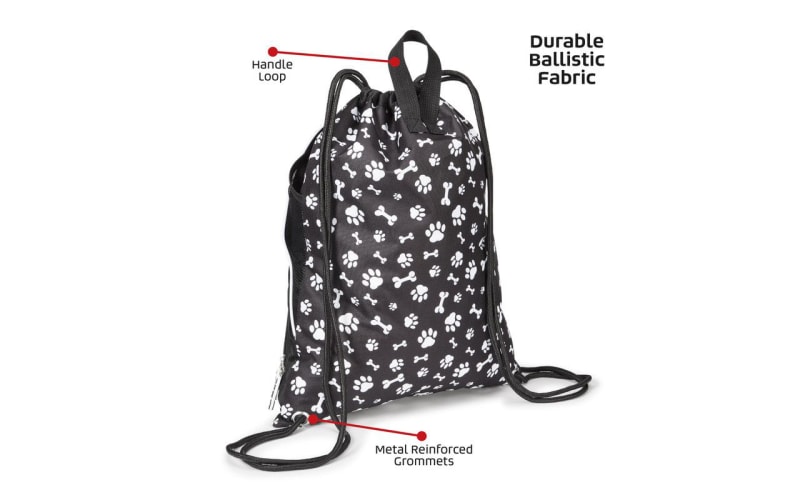 Mobile Dog Gear, Dogssentials Drawstring Cinch Sack Travel Bag, Carry Items  for Both You and Your Dog, Includes 1 Waste Bag Roll, Black/White Paw Bone