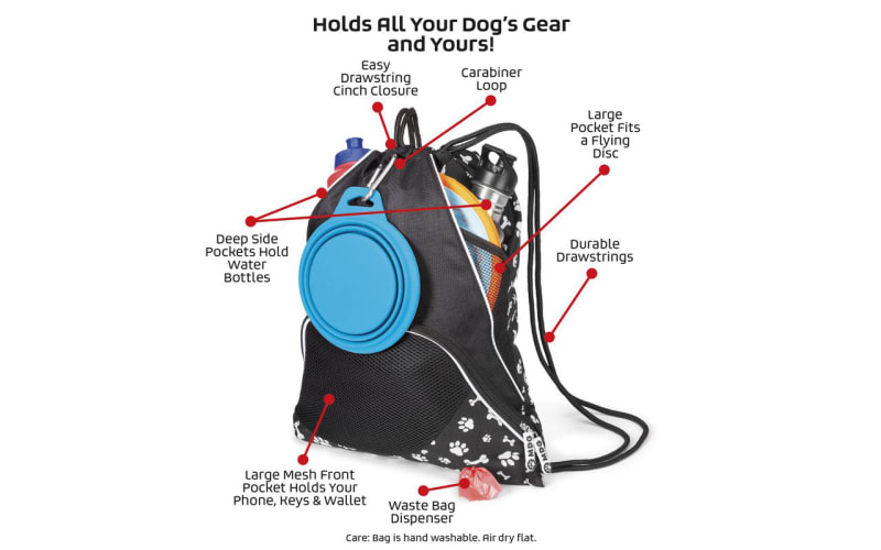 Mobile Dog Gear, Dogssentials Drawstring Cinch Sack Travel Bag, Carry Items  for Both You and Your Dog, Includes 1 Waste Bag Roll, Black/White Paw Bone