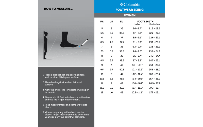 Columbia shoe sizes clearance