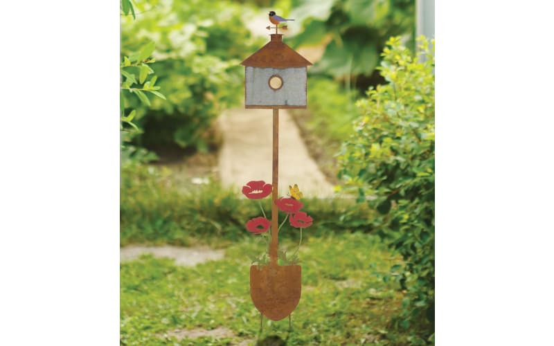 Regal Art & Gift Rustic Shovel and Birdhouse Garden Stake | Bass