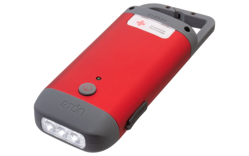 american red cross rechargeable flashlight Eton Crank-Powered Clipray Clip-On & Smartphone Charger, Hand Crank, Cherry Red, Commitment to Preparedness When the power goes out Power Failure Light Eton American