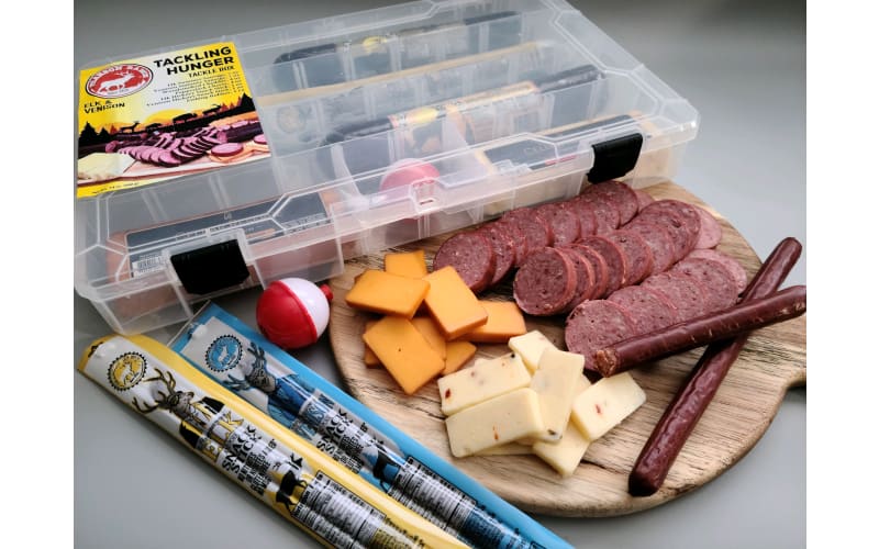 Pearson Ranch Tackling Hunger Tacklebox Exotic Meat Gift Set - Includes Elk and Venison Summer Sausage,2 Blocks of Cheese, 2 Meat Sticks and Fishing