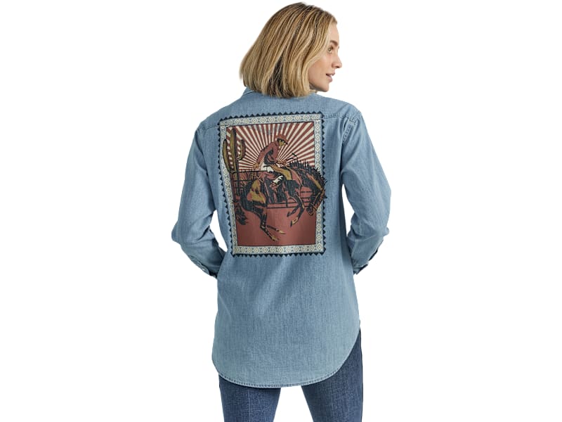 Wrangler Western Snap Denim Rodeo Poster Long-Sleeve Shirt for Ladies
