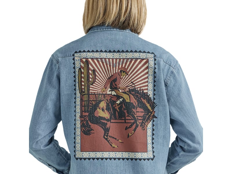 Wrangler Western Snap Denim Rodeo Poster Long-Sleeve Shirt for Ladies