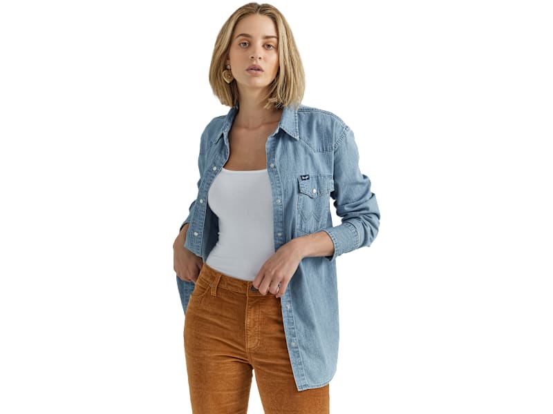 Wrangler Western Snap Denim Rodeo Poster Long-Sleeve Shirt for Ladies