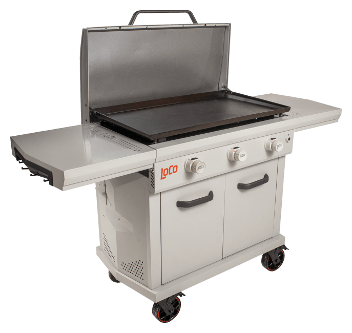 Loco Series I 36 Inch 3-Burner Digital Propane SmartTemp Flat Top Grill / Griddle with Enclosed Cart and Hood (Chalk Finish) 