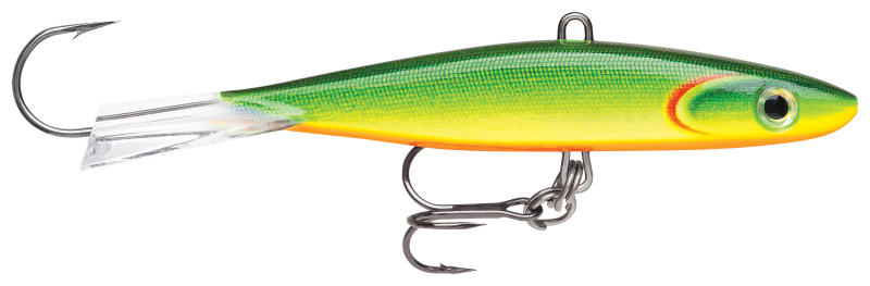 Yellow and blue fishing lure with shadow seen from the side Stock