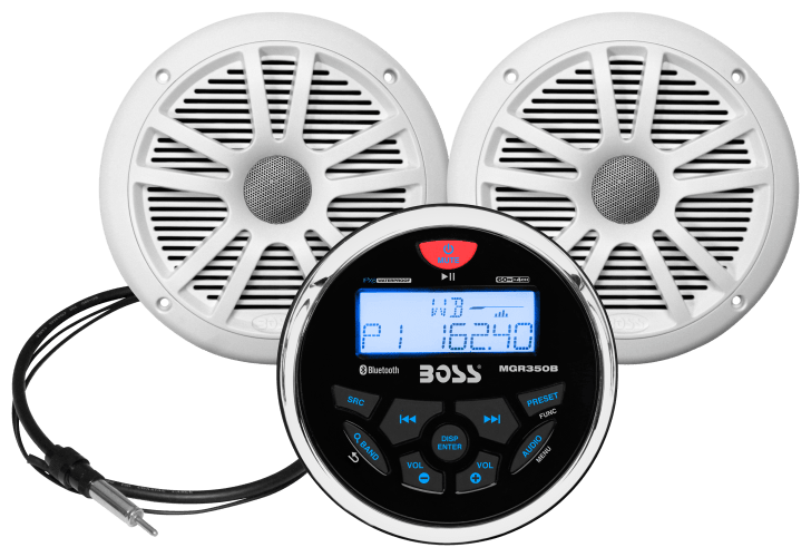 Boss Audio Marine MCKGB350W.6 USB/AM/FM Bluetooth Marine Gauge Radio with  180W Marine Speakers Set