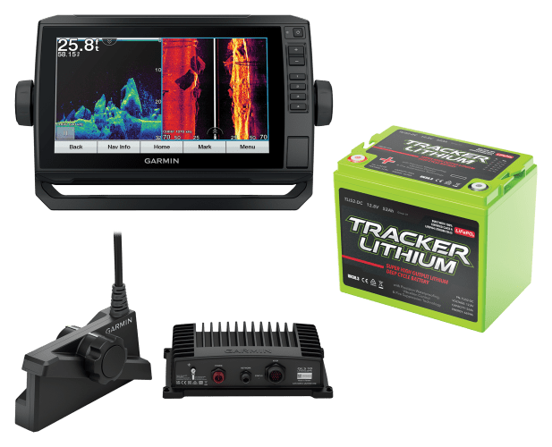 Garmin ECHOMAP Ultra 93sv Fish Finder Bundle with LVS34 LiveScope Plus,  GT54, and Tracker Lithium Gen2 Deep Cycle Battery