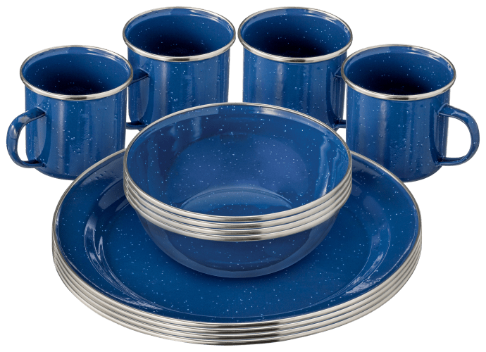 Blue metal camping dishes best sale