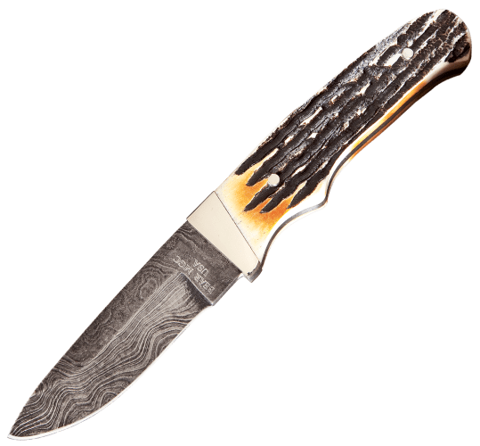 Bear & Son Cutlery Genuine India Stag-Bone Damascus Fixed-Blade