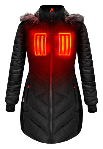 ActionHeat 5V Heated Long Puffer Jacket with Hood for Ladies