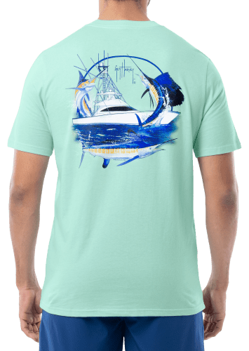 Guy Harvey Men XL Blue Short Sleeve Marlin Fishing Boat Crew Neck Pocket T  Shirt