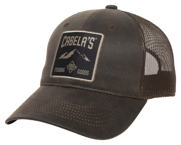 Cabelas Logo Trucker Hat Black And Beige Mesh Snap Back One Size Fits Most
